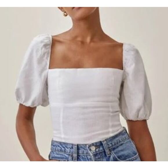 Reformation Tops - Reformation Aracini White Linen Puff Sleeve Smocked Zipper Back Top Size 6